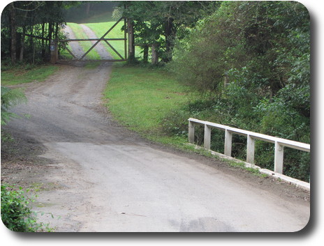 Wooden gate with 2 tyre tracks beneath, leading from dirt road crossing bridge