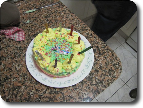 Coloured ice cream cake, with 8 candles and a 