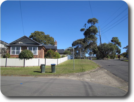 Same house, front view, with side street leading to parking area with trees