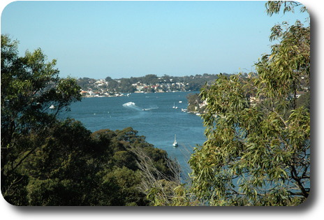 View between trees, showing river and boat traffic, to distant hill with houses scattered among trees