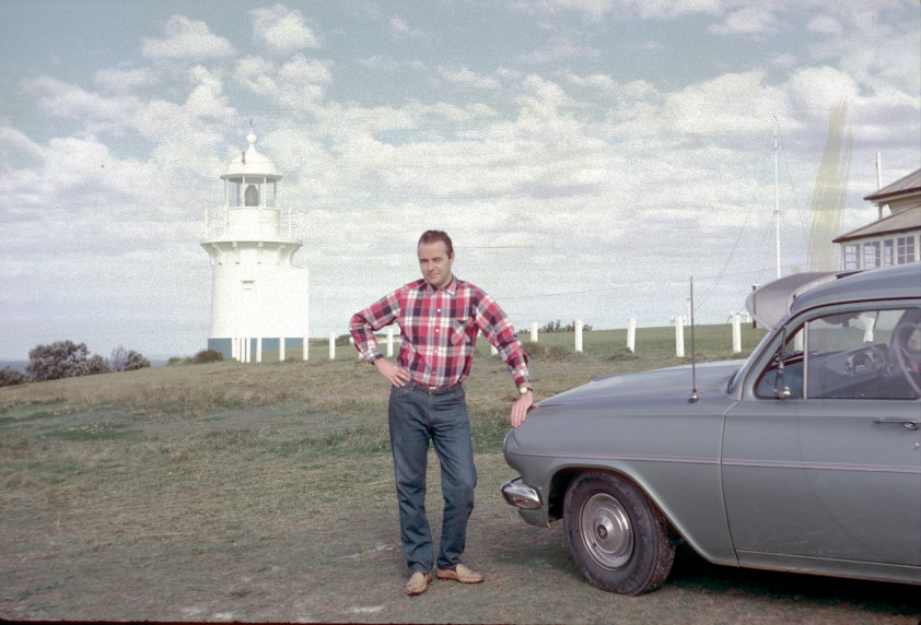 May holiday trip to QLD: Barry and car at Ballina/Richmond River lighthouse