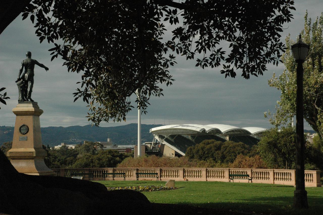 Bronze figure on column, overlooking the Adelaide CBD and Cricket Ground