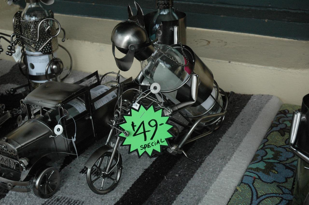 Metal work novelties - motorcycle and rider shaped to hold a wine bottle