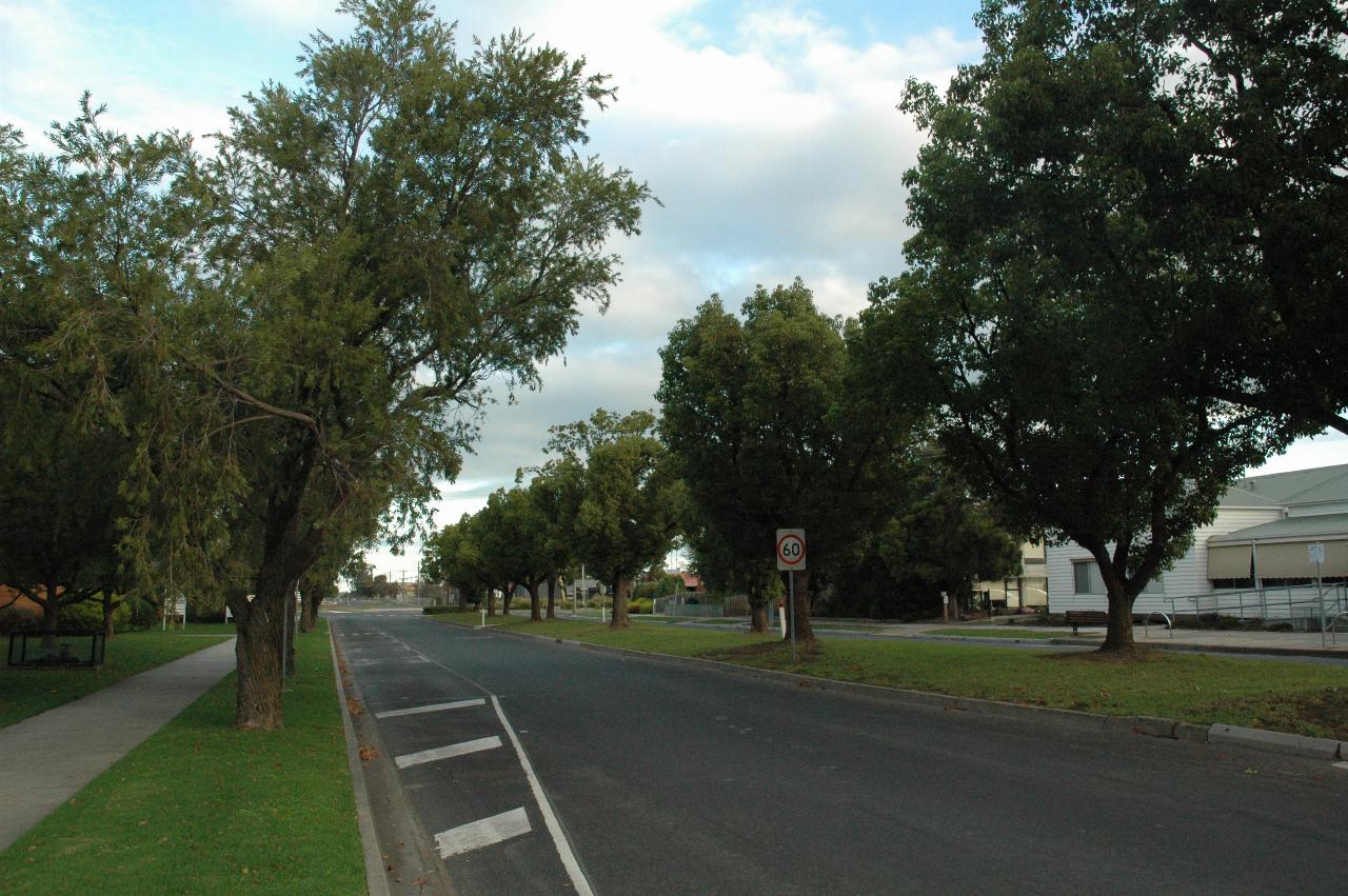 Two lane divided stree, with very wide median strip with grass and trees