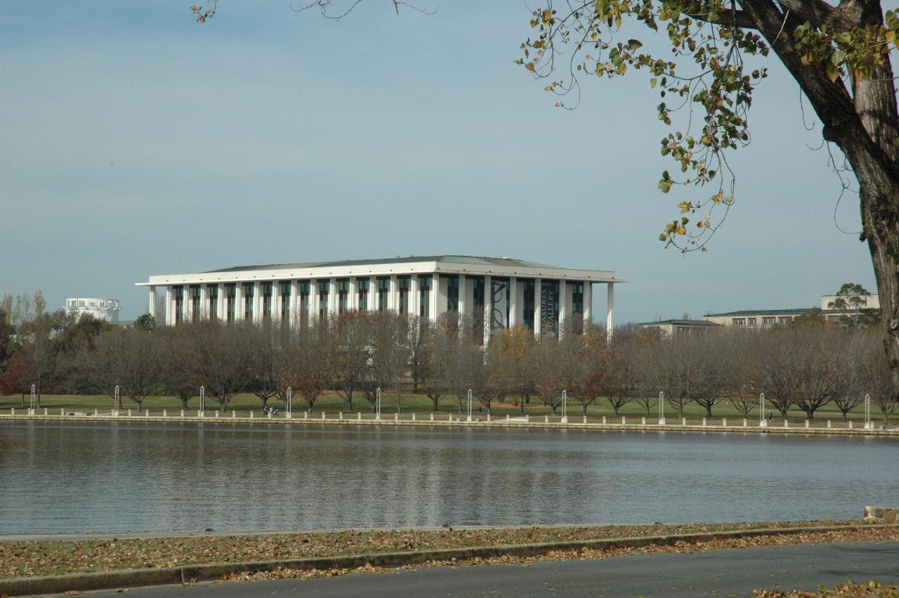 White building with columns behind park seen from over the lake