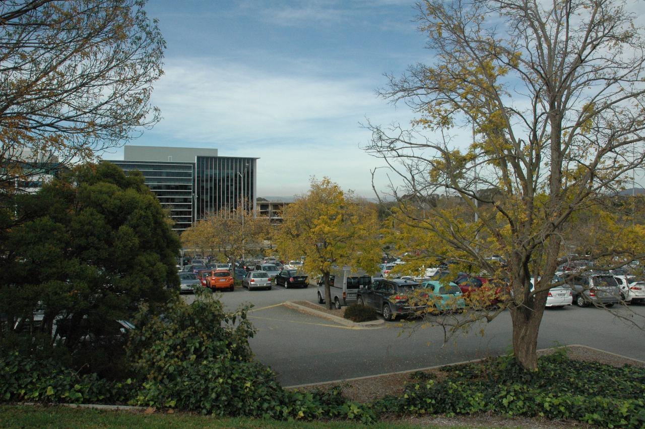 Commercial buildings behind car park with trees in autumn colours