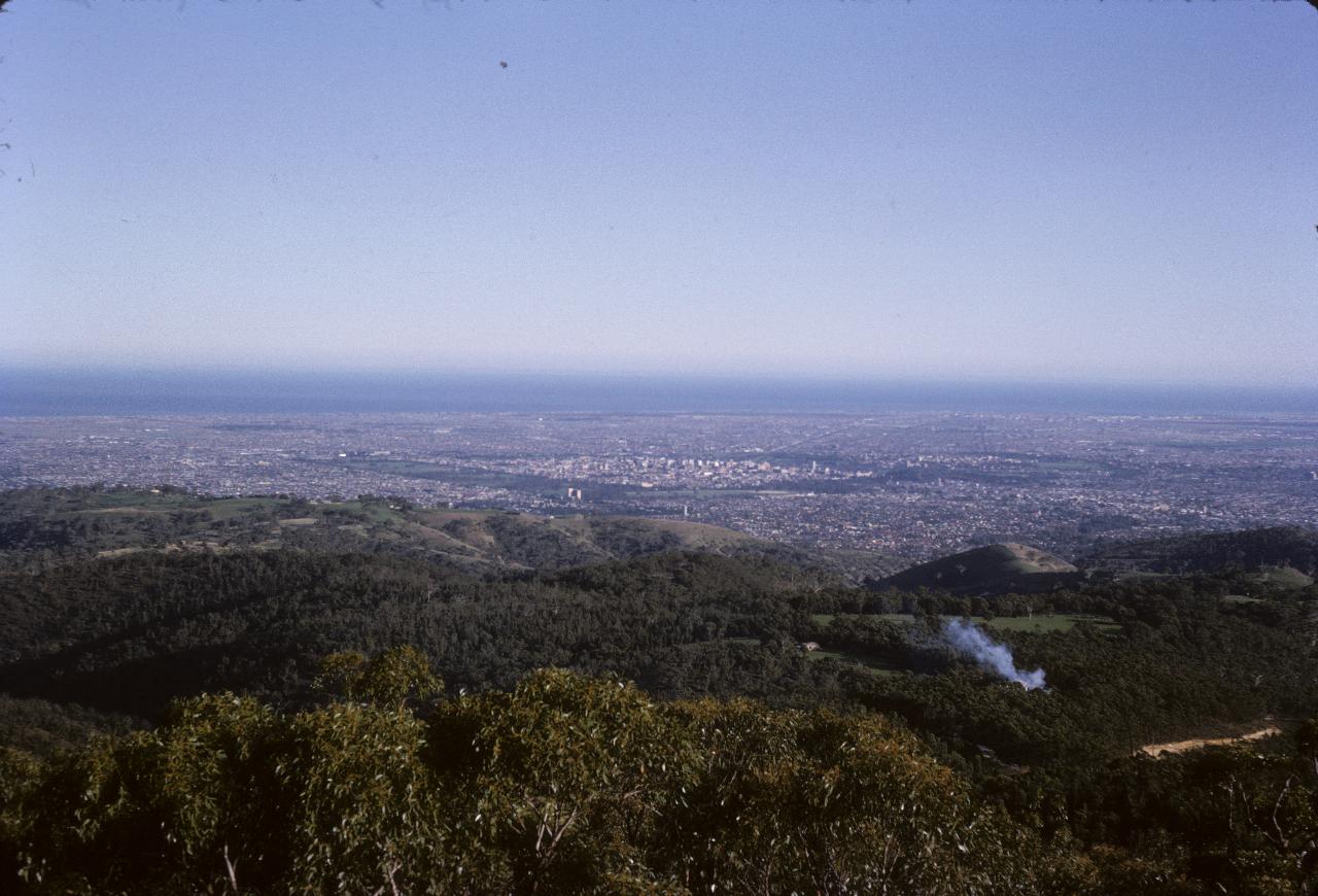 View from high hill over bush, to Adelaide and St. Vincent's Gulf beyond