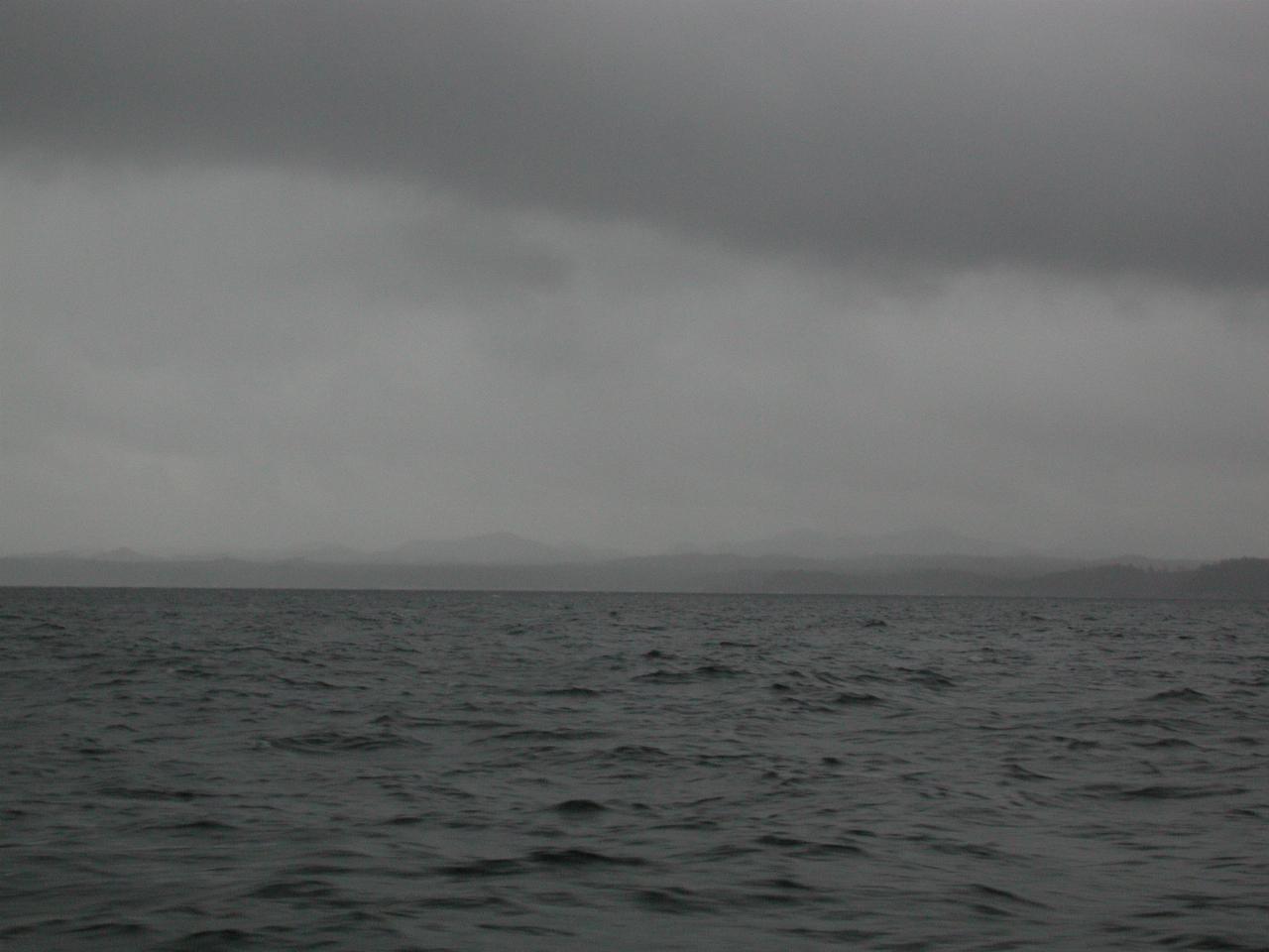 Distant mainland, shrouded in low cloud, Queen Charlotte Sound