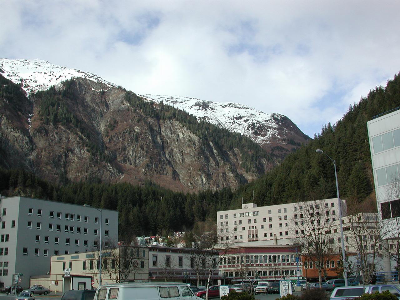 Downtown Juneau, a mix of old and new, and towering mountains