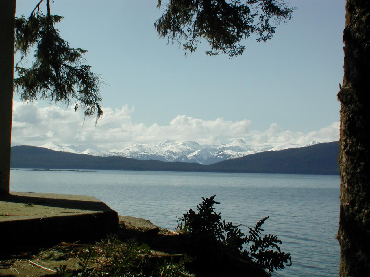 View across Gastineau Channel from Shrine of St. Terese from base of Cross with Easter Lilies in bloom on Easter Sunday