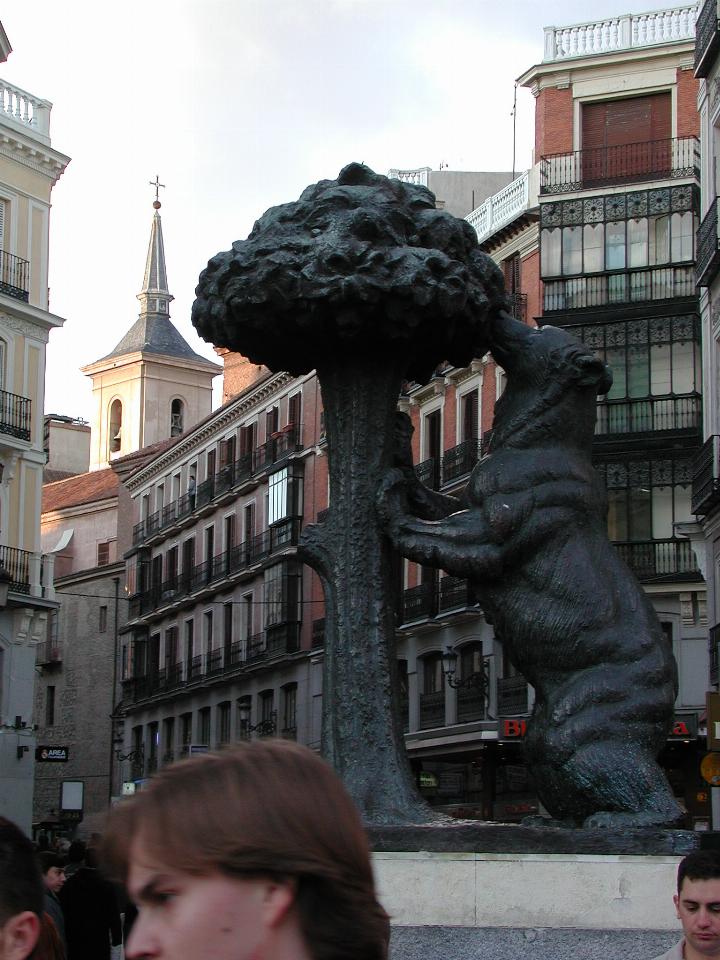 Madrid street scene, with City Logo statue