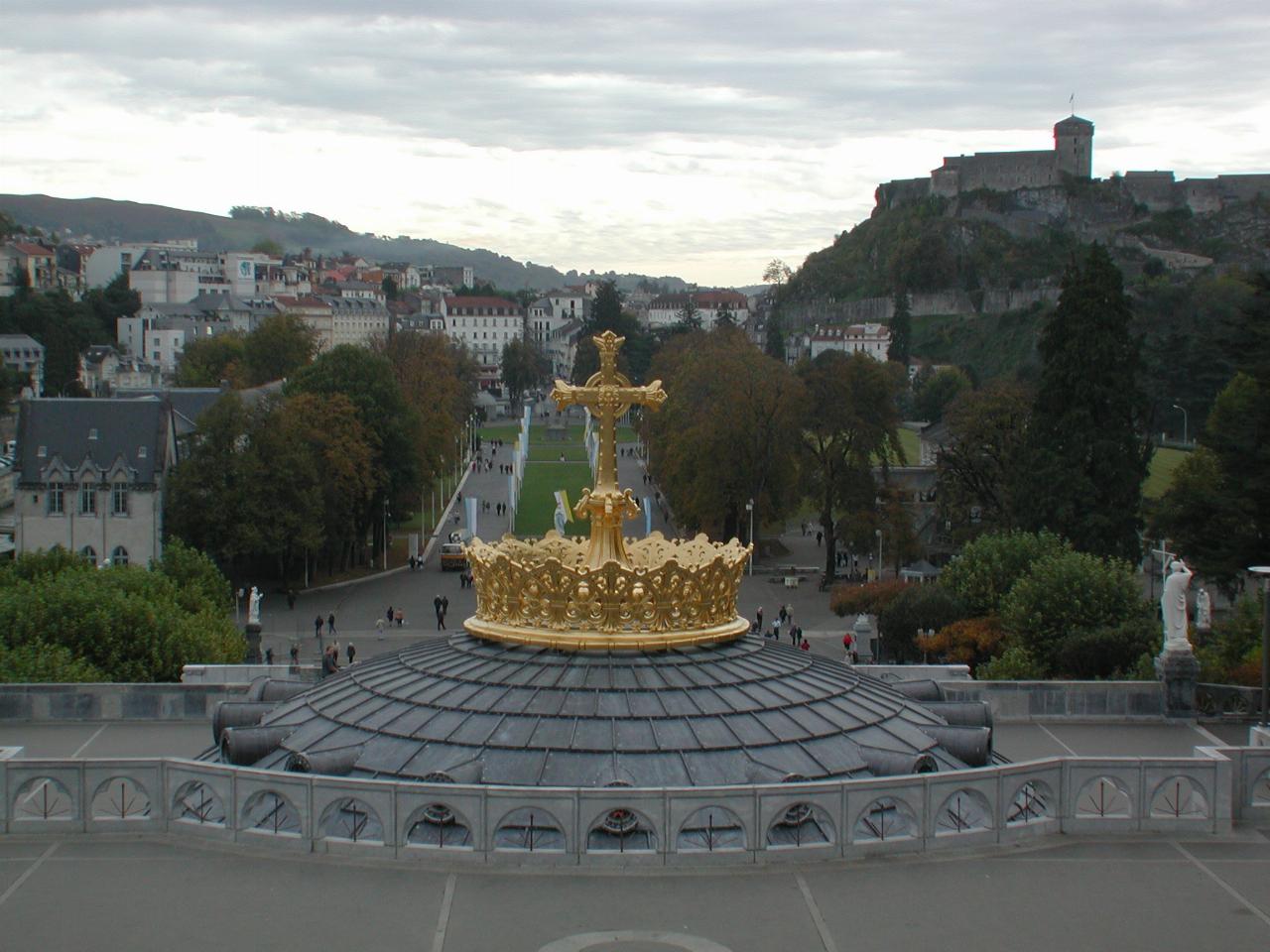From upper section of Lourdes Cathedral looking along procession route