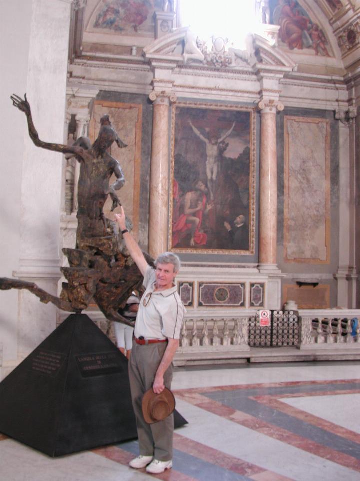 Peter in front of modern sculpture in S. Maria Degli Angeli