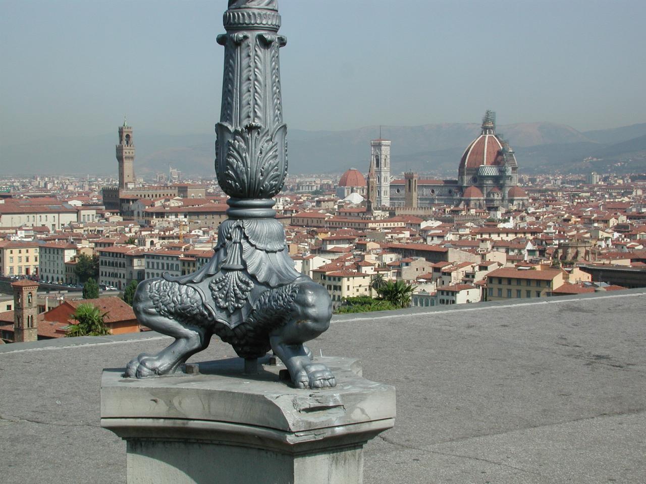 Interesting lamp post design, with view over Florence from Piazzale Michelangelo