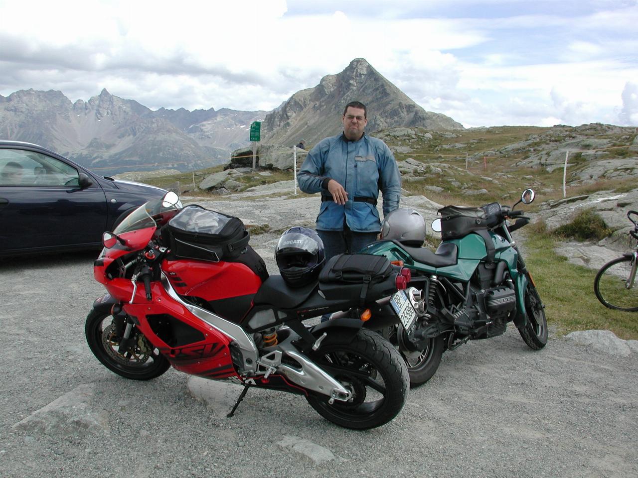 Aprilia and Jon and his K75 at top of Bernina Pass