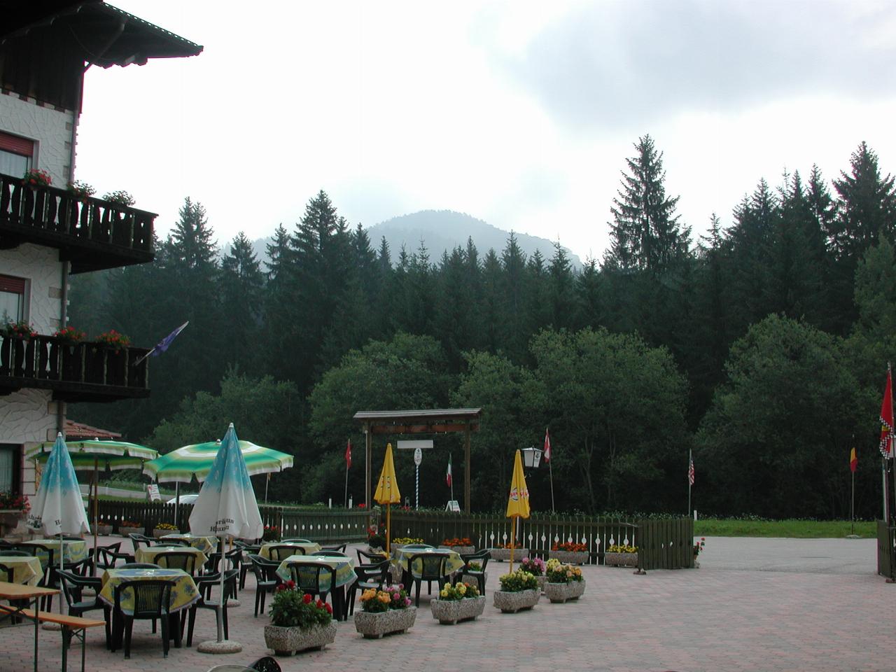 Hotel Paradiso's outdoor dining, looking back towards Mendel Pass