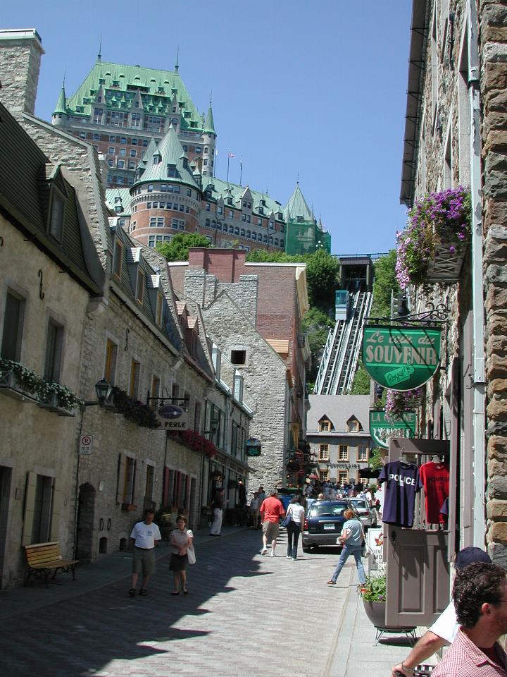 Old street in lower town, showing funicular and Chateau Frontenac