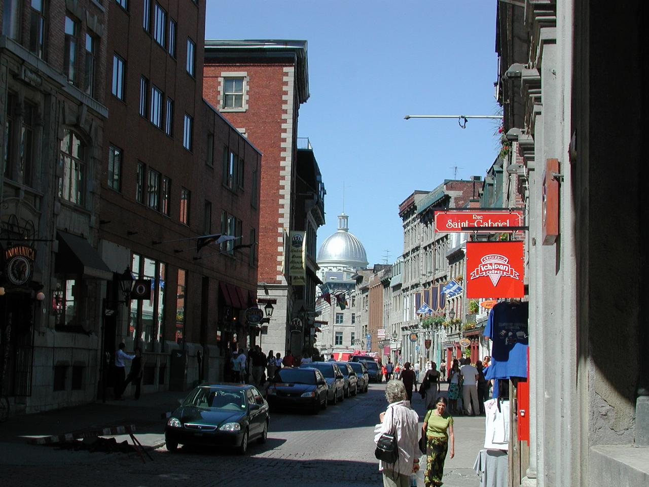 Rue Saint Paul in old Montreal, with dome of Bonsecours Market