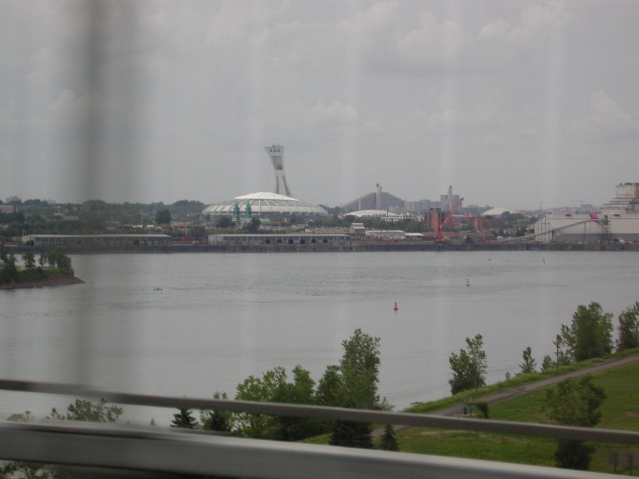 Olympic Stadium as seen from bus crossng one of the bridges on St. Lawrence River