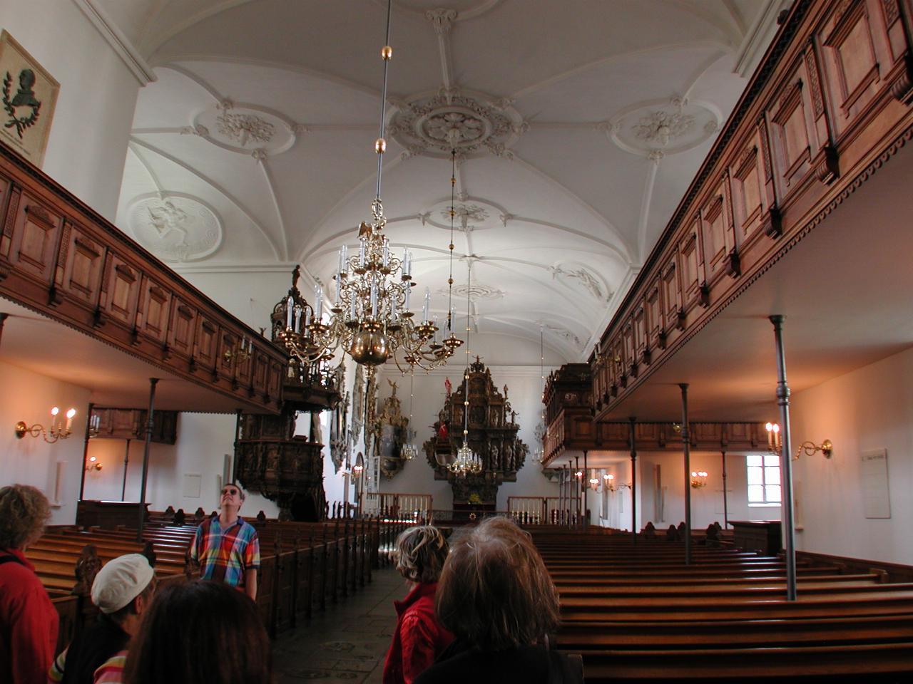 KPLU Viking Jazz: Holmens Kirke interior looking down main aisle; (L-R) Karen, Barbara, Inge, Jim, Inge, Annette