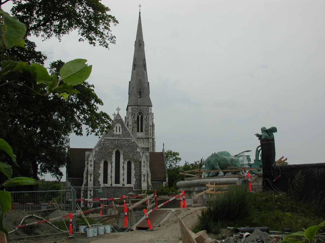 KPLU Viking Jazz: Gefion Springvandet (fountain) undergoing restoration,  next to St. Albans (in background)