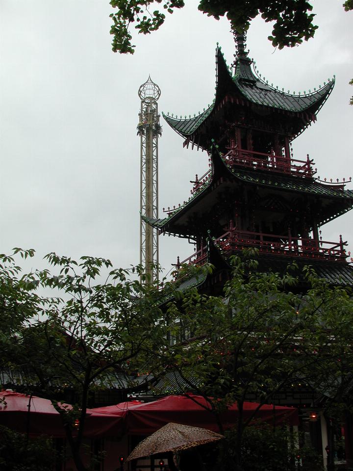 KPLU Viking Jazz: A free fall type ride (background) and the Asian section of Tivoli Gardens