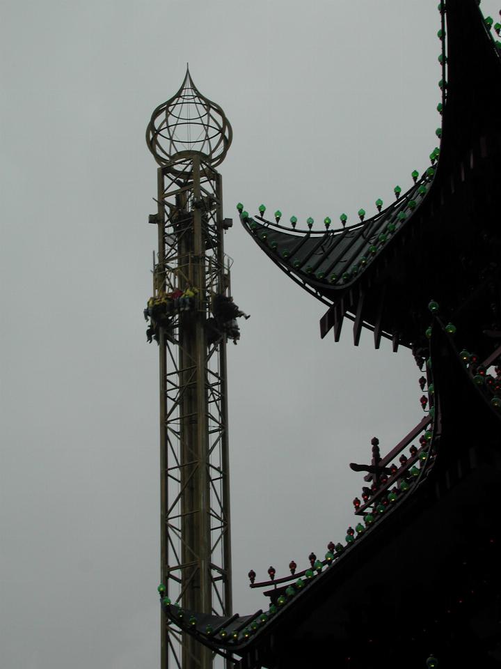 KPLU Viking Jazz: A free fall type ride (background) and the Asian section of Tivoli Gardens