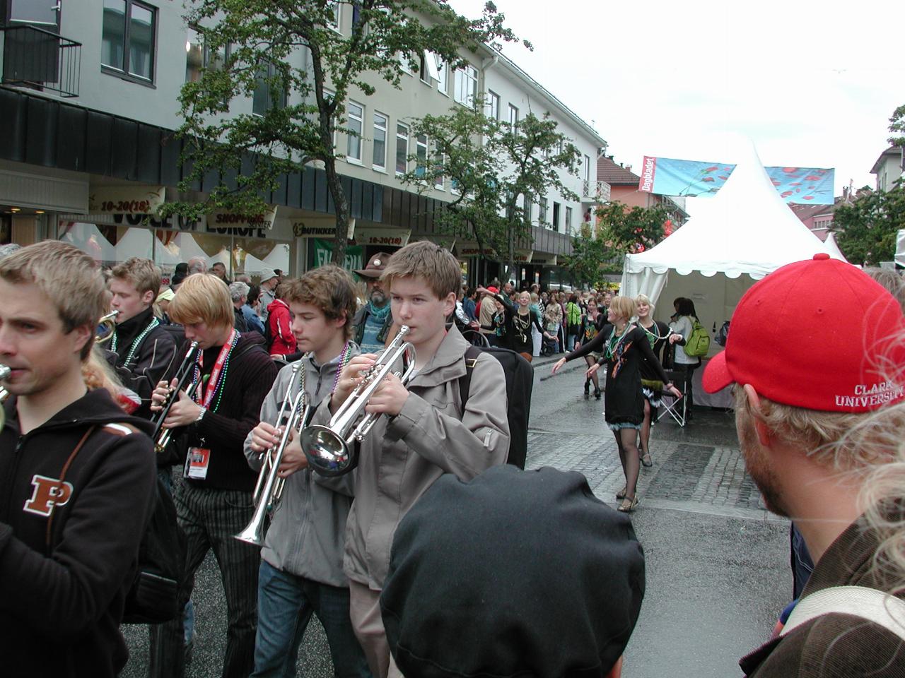 KPLU Viking Jazz: Main street of Molde with the New Orleans style marching band coming along