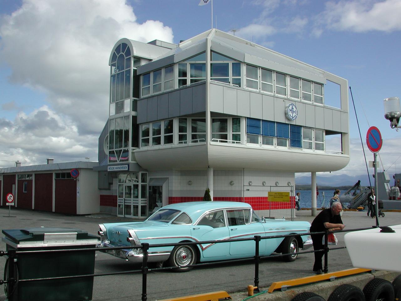 KPLU Viking Jazz: A 1957 Buick Special, in front of a new Norwegian building on Molde dock