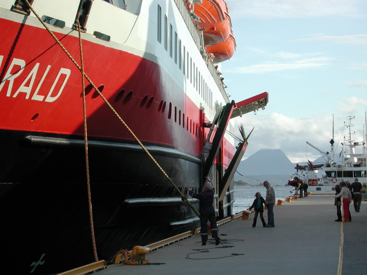 KPLU Viking Jazz: Coastal ferry docked,  and doors now opening - passenger is closer, car/cargo behind