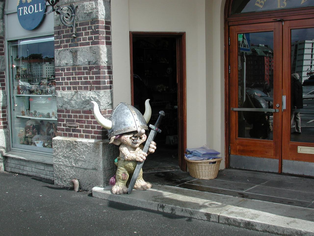 KPLU Viking Jazz: Troll standing guard over troll shop at Bryggen, Bergen, Norway