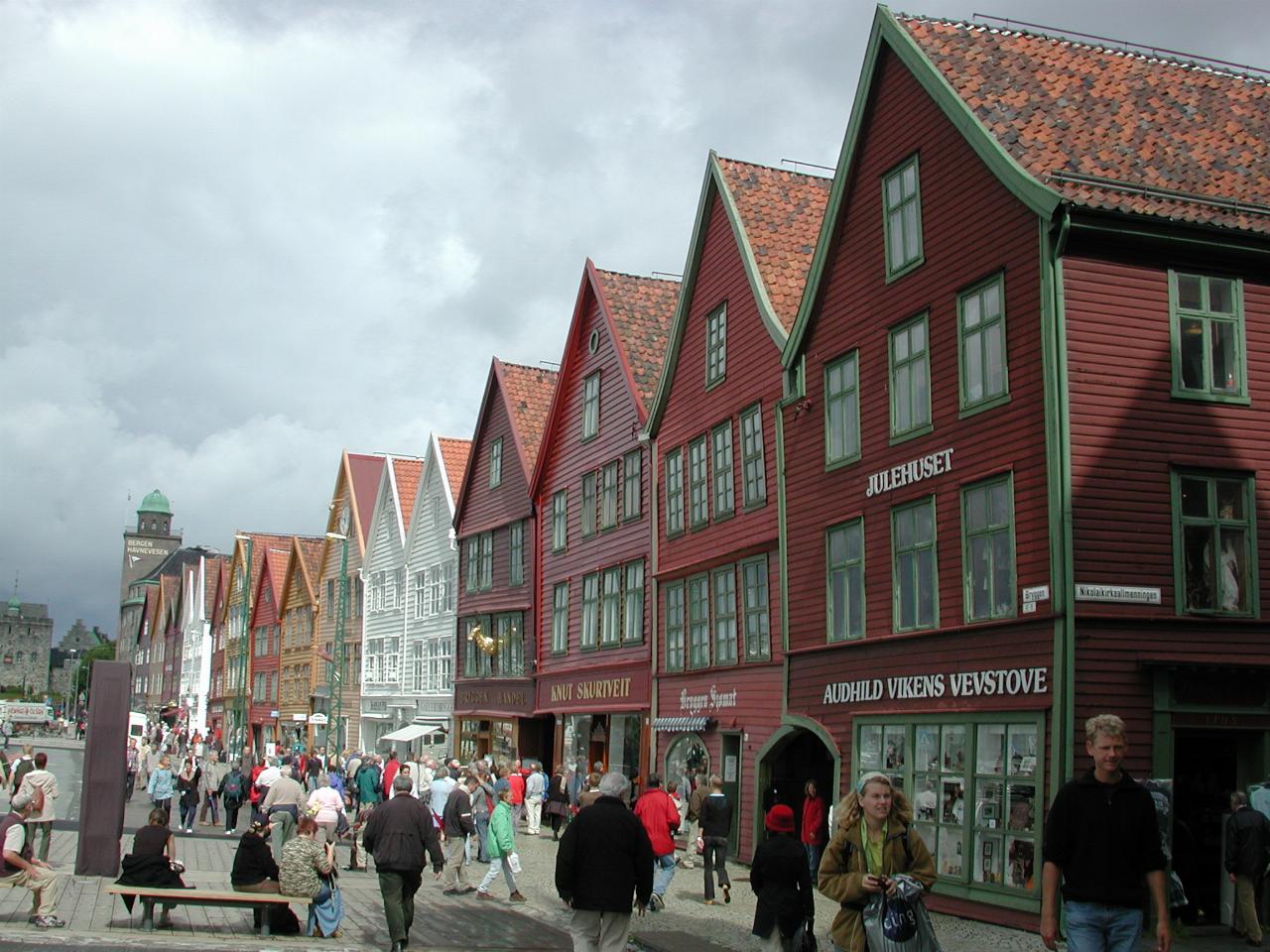 KPLU Viking Jazz: Bryggen's rebuilt (presumably deliberately not square) 14th century warehouses