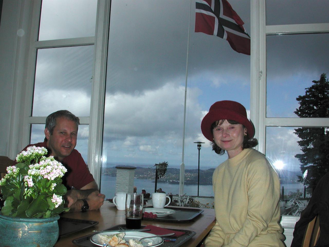 KPLU Viking Jazz: Joey and Signe in restaurant awaiting passing rain shower at Mount Fløyen (top of funicular)