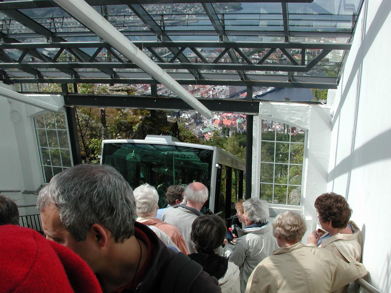 KPLU Viking Jazz: Funicular car arriving at top of Mount Fløyen