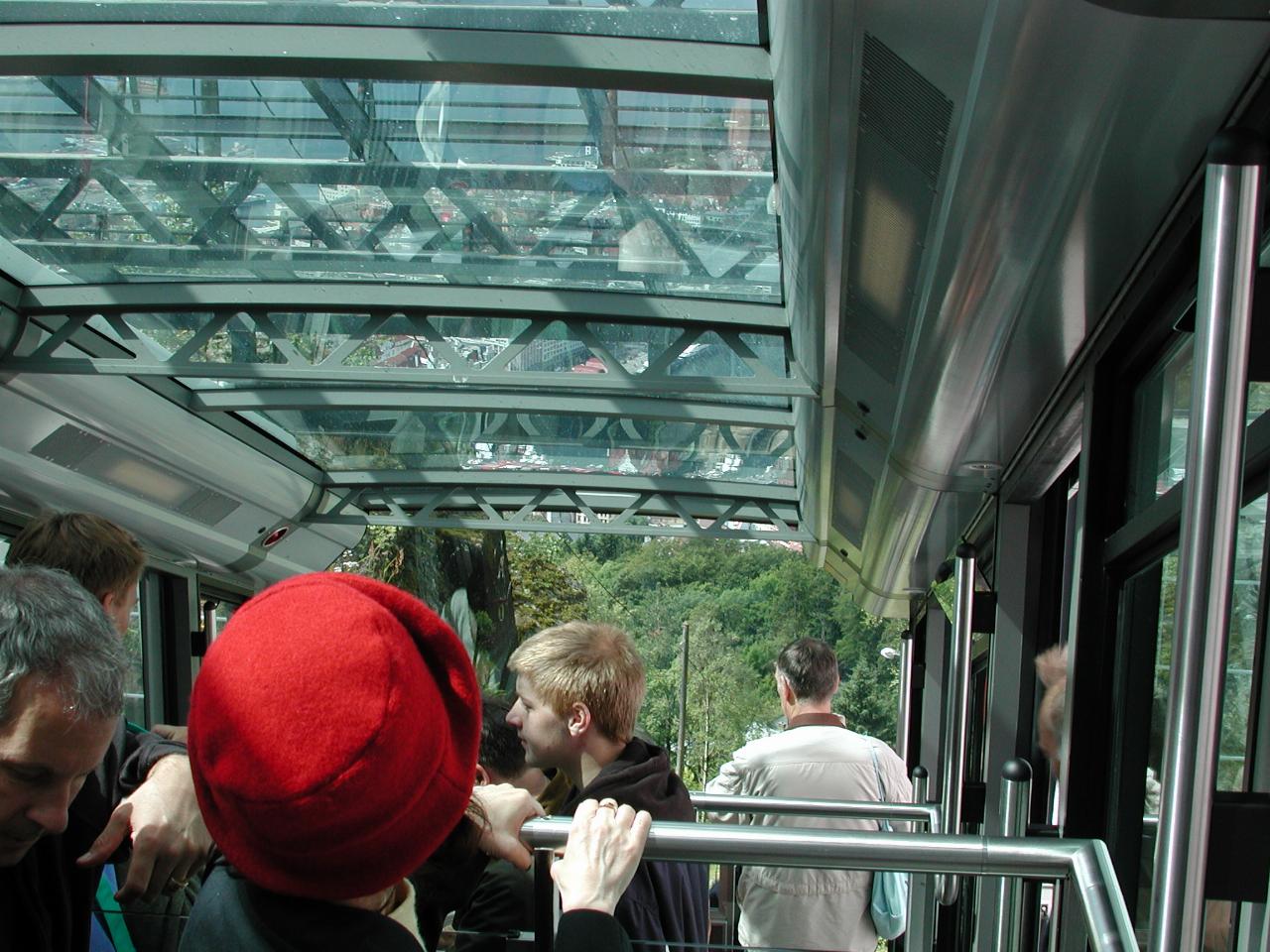 KPLU Viking Jazz: Ready to descend the funicular from Mount Fløyen, with a view of Bergen below