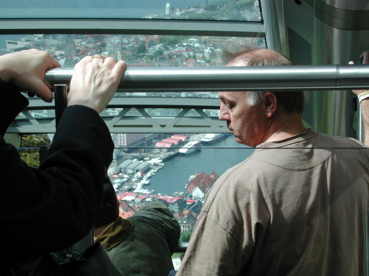 KPLU Viking Jazz: Ready to descend the funicular from Mount Fløyen, with a view of Bergen below