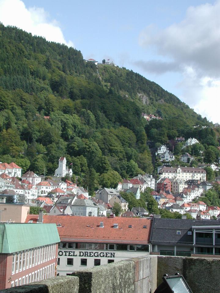 KPLU Viking Jazz: View from roof of Rosenkrantz Tower looking at Mount Fløyen