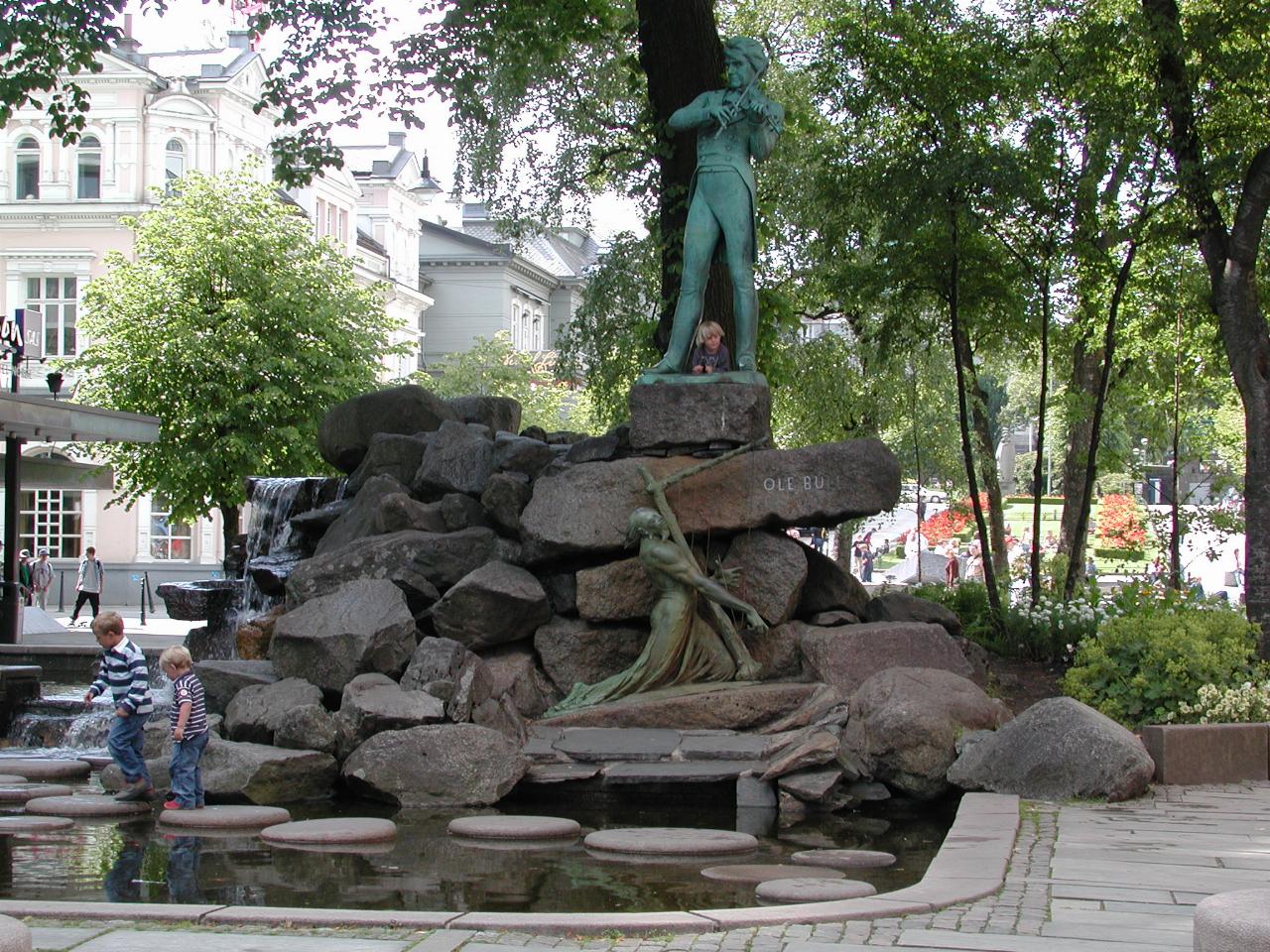 KPLU Viking Jazz: Pleasant pedestrian area in Bergen, with statue of Ole Bull, a Greig contemporary