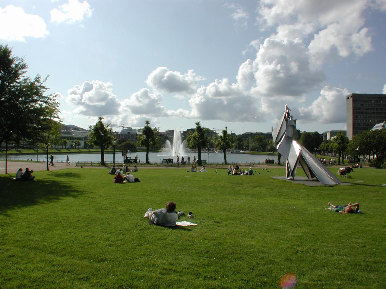 KPLU Viking Jazz: The fountain in the lake looking towards downtown Bergen