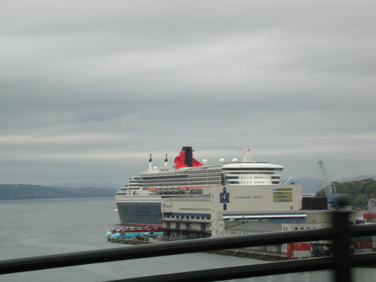 KPLU Viking Jazz: The new Queen Mary, in Bergen for the morning, as seen from bus to airport